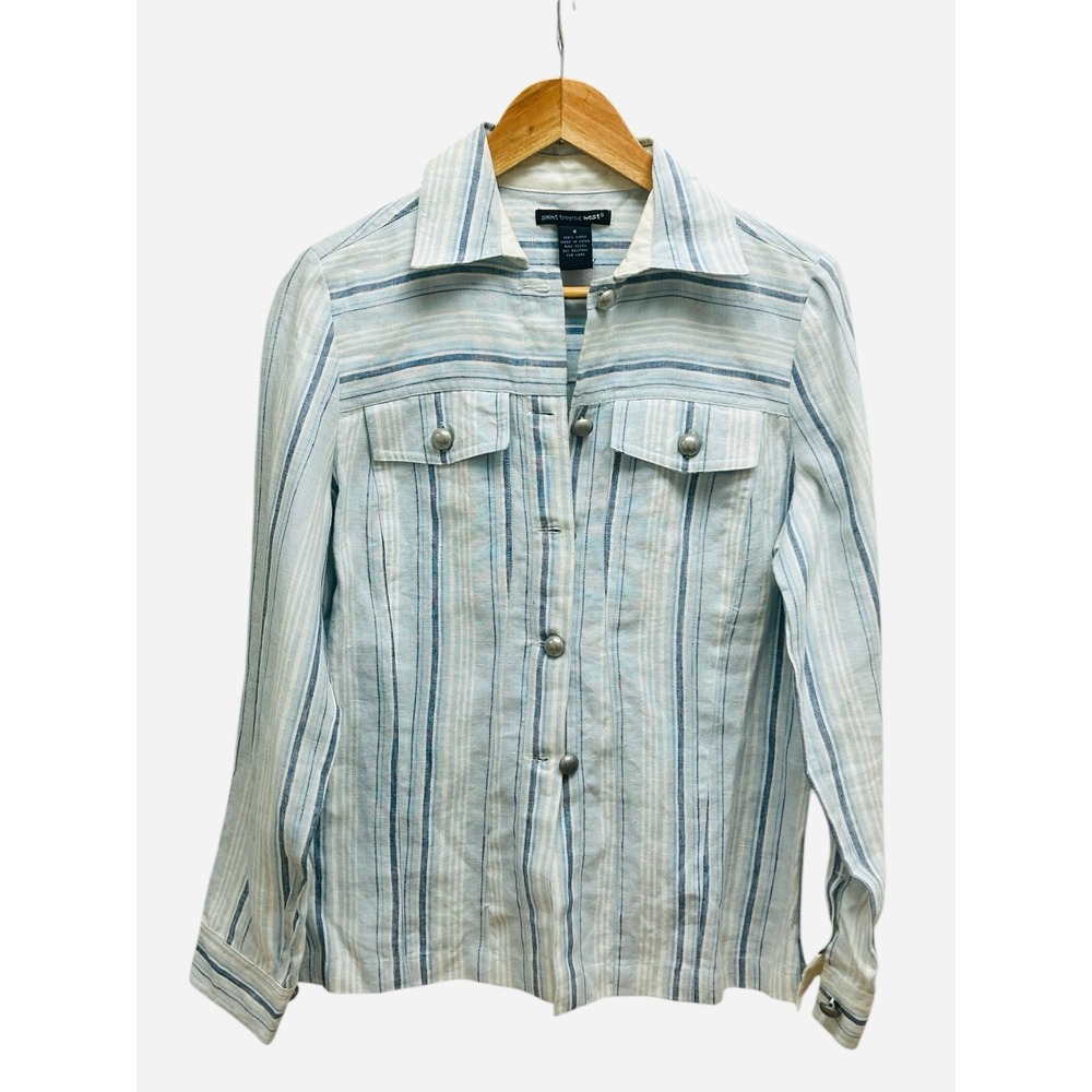 St Tropez West Striped Linen Jacket Blue White Belted Style Size 4